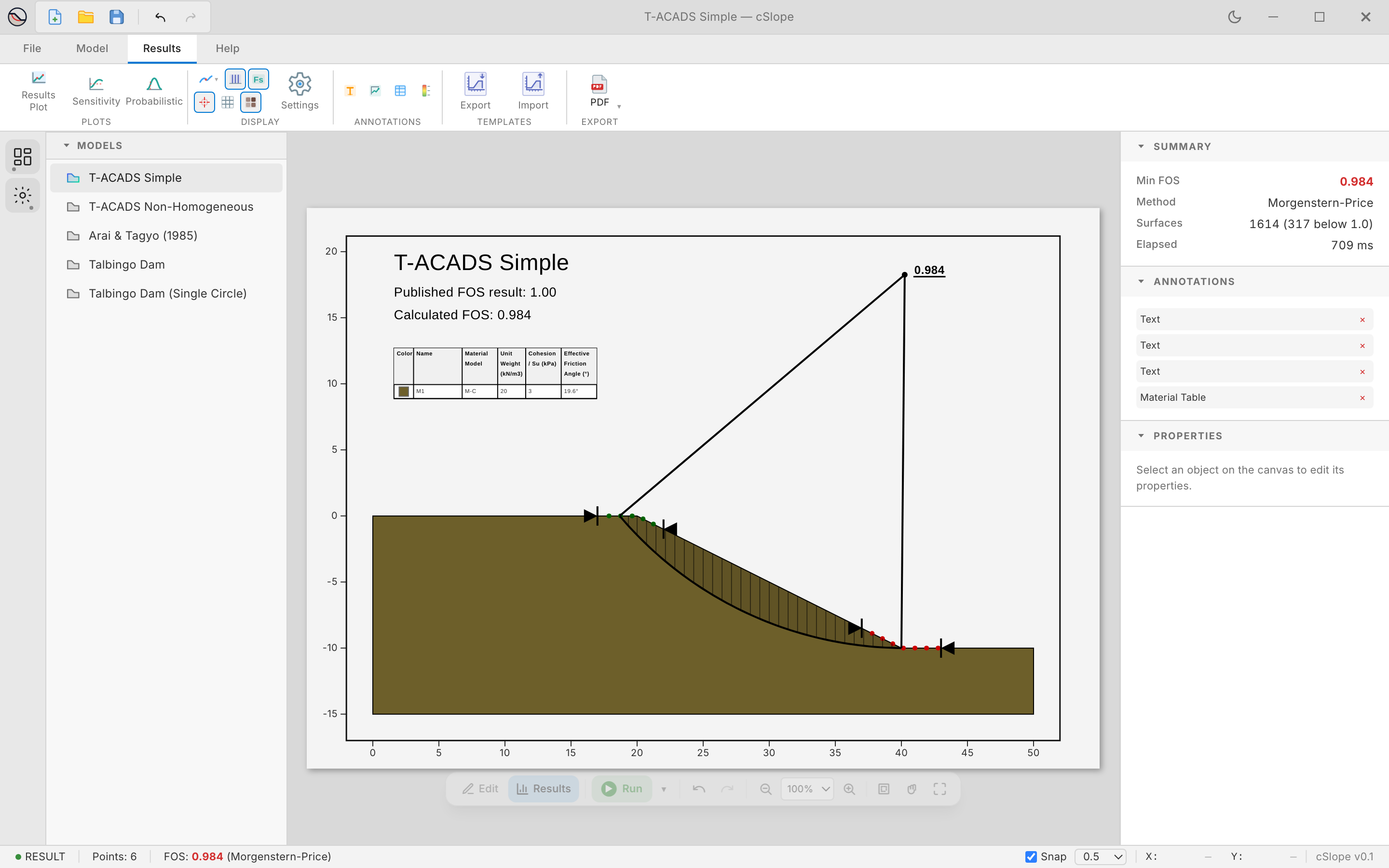 The cSlope window: the critical slip surface of a homogeneous slope with its centre, slices and factor of safety, the models, the ribbon and the summary of the analysis